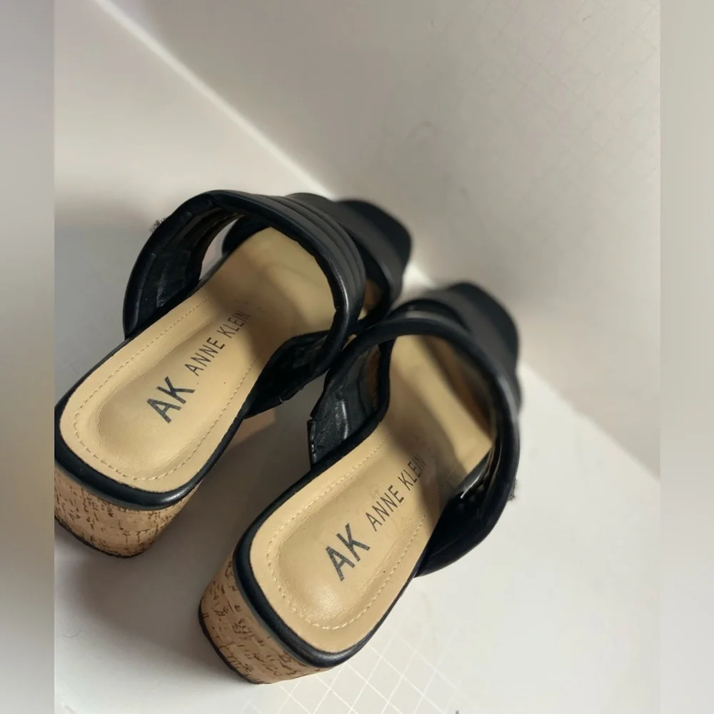 Anne Klein~Neutral~Black~Faux Leather~Open Toe~Slip-On Cork Wedge Sandal~Size 9